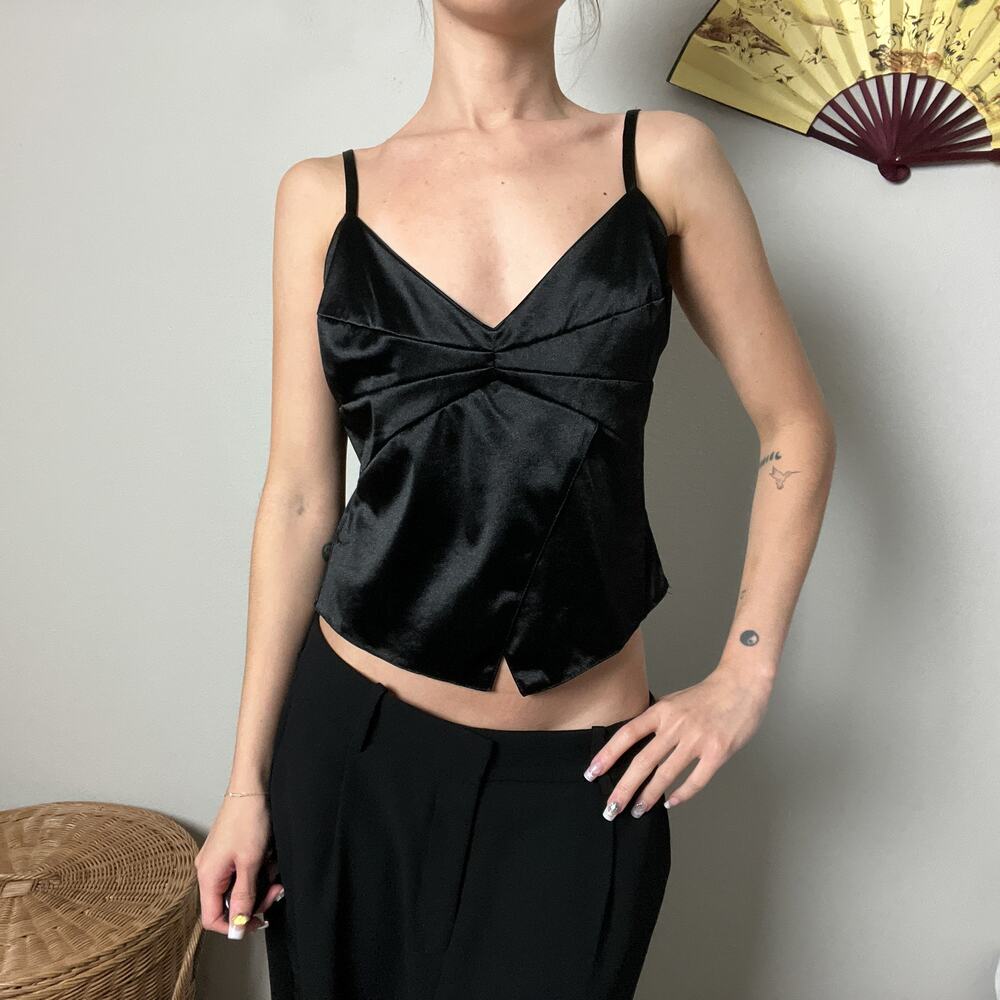 y2k black euro minimalist satin pleated v neck cropped cami tank top blouse
